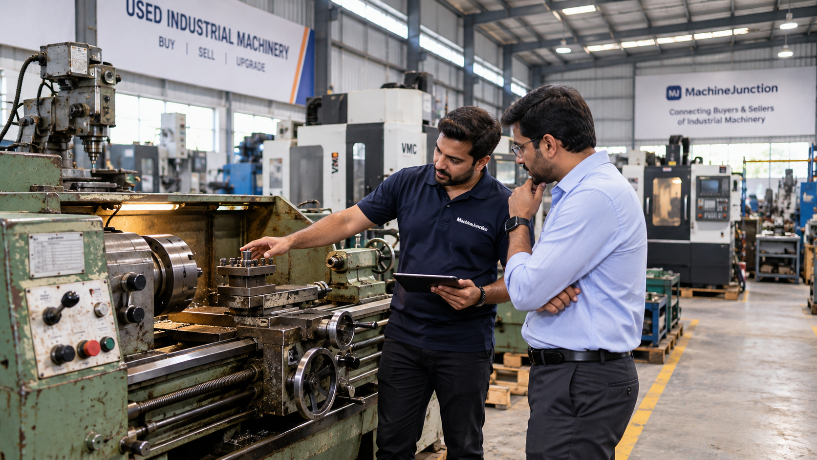 Buyer inspecting used industrial machinery before purchasing from a supplier