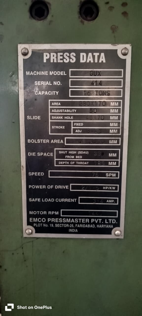 EMCO PRESSMASTE PVT LTD 16 TON 4