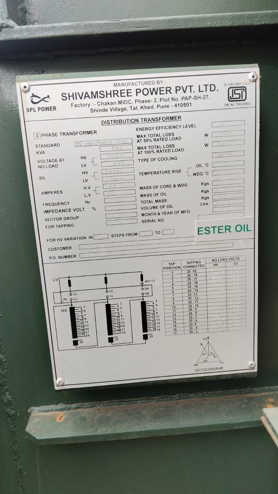 UNUSED 630 KVA ESTER OIL TRANSFORMER – 11 KV / 433 V – SHIVAMSHREE POWER – PUNE 2